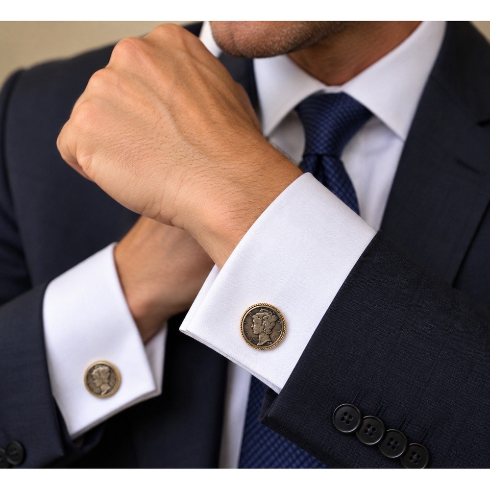 Geoffrey Beene Mercury Silver Dime Coin Cufflinks 1941 1942 Gold Tone 3/4"